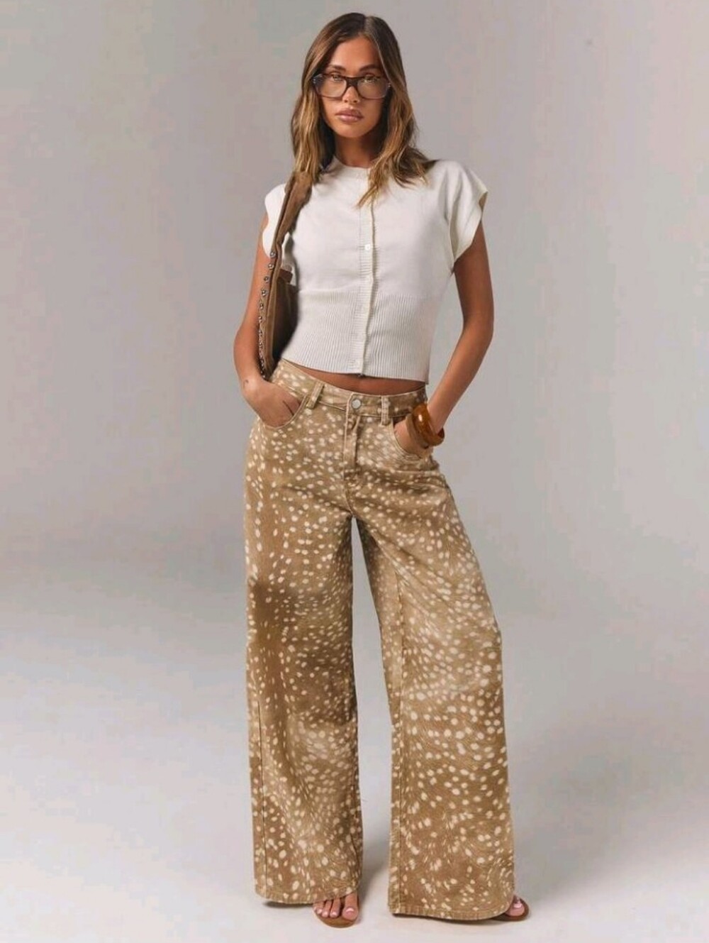 Denim Women's Casual Versatile All-Over Print Button Pocket Denim Long Pants - Picture 3 of 5